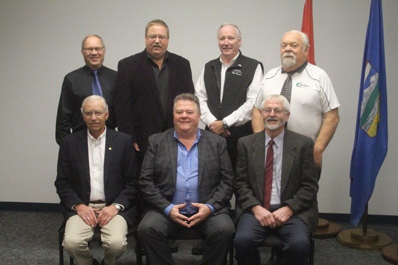 The 2017-2021 County of Barrhead council. Front row (l-r): deputy reeve Dennis Nanninga, reeve Doug Drozd, Walter Preugchas. Back row (l-r): Ron Kleinfeldt, Marvin Schatz,