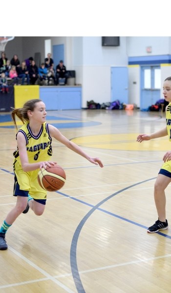 Caitlyn Potts of the Barrhead Jaguars dribbles into the offensive zone in their home opener against Neerlandia.