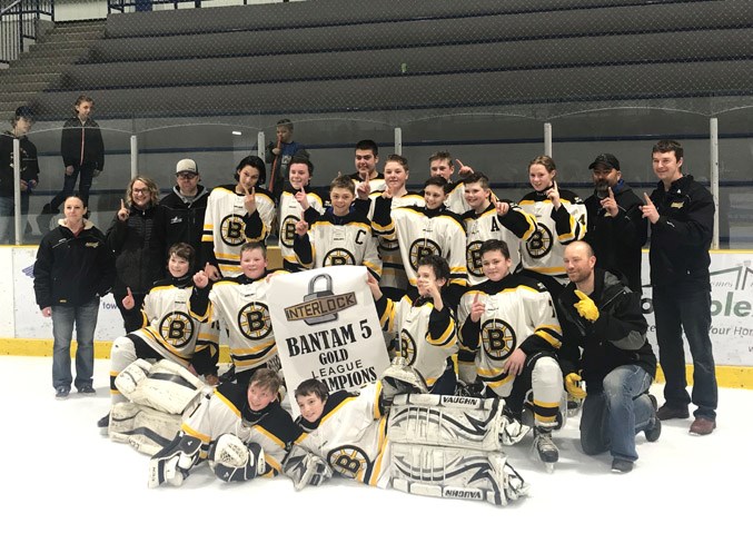 Barrhead Bantam 2 Wolverines pose with their league championship banner.