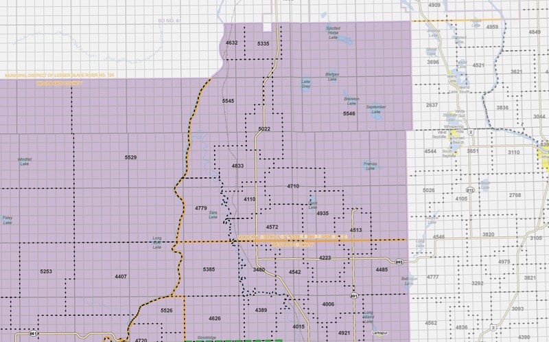 The purple portion of this map shows the northeast boundary of Pembina Hills Public Schools. As indicated, Pembina Hills extends beyond the northern border of Westlock County 