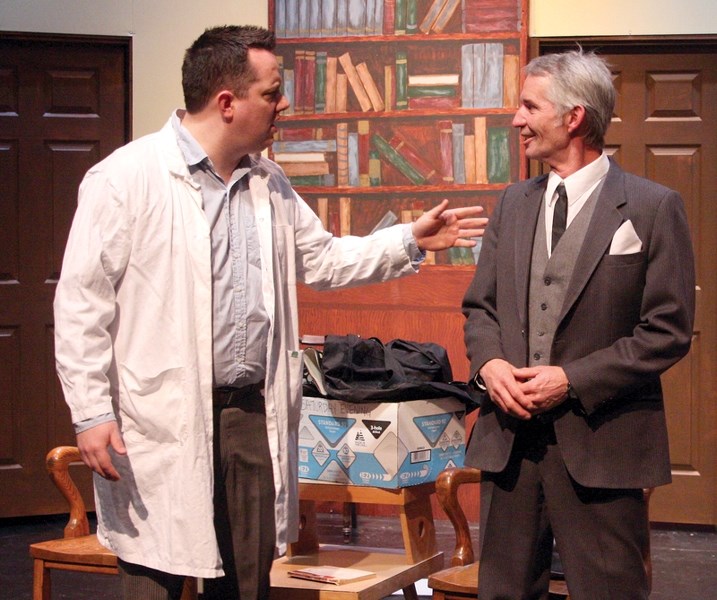 The cast of Harvey is diligently rehearsing for the play&#8217;s opening March 11. Dr. Sanderson, played by Matthew Char-rois (left), converses with protagonist Elwood P.