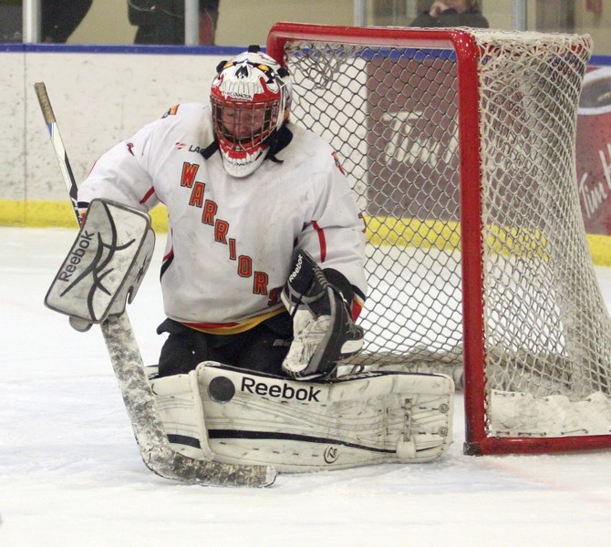 Warriors goalie Jayden Vandelagemaat turns away a shot during the team&#8217;s 6-4 victory over Wetaskiwin at the Rotary Spirit Centre March 3. The Warriors swept the