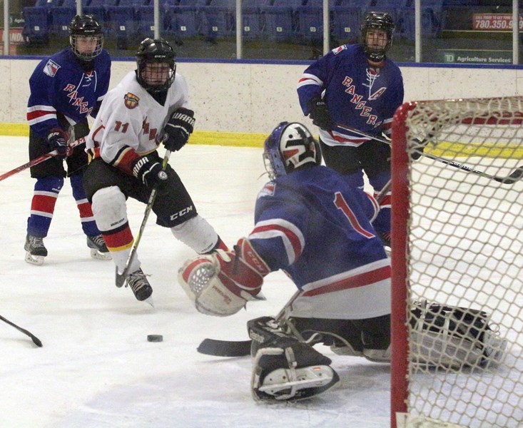Warrior Thomas Oloske heads to the net March 9 during the club&#8217;s 10-2 win over the Fort Saskatchewan Rangers in Game 1 of a best-of-three series. The Warriors won Game