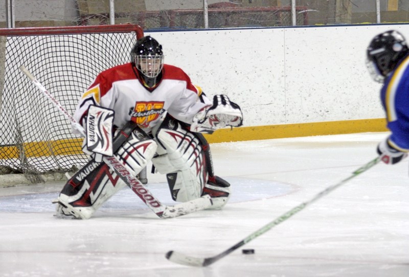 Sabres goalie Breann Dutchak prepares to make one of her 16 saves of the night on Feb. 16 against Leduc on her way to recording her first shutout of the season.