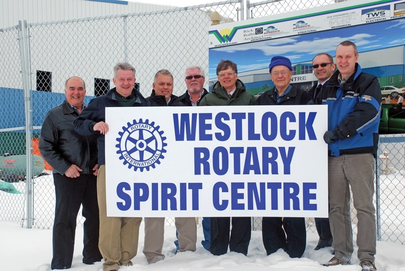 Rotarians (L-R) Chuck Keller, Wayne Peyre, Tom Vesely and Dwight Brown, Westlock mayor Bruce Lennon, Rotary president Rex Dawson and Rotarians Glenn Baron and Randy Wold