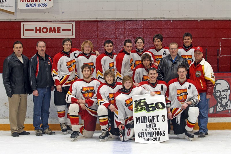 The Sabres celebrate with their championship banner on March 20. Back row (L-R): coach Darrell Teske, coach Dan Mayowski, Cody Cobler, Cam Teske, Les Zeise, Trevor Anderson,