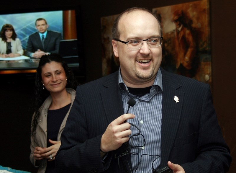 Brian Storseth thanks his supporters at the St. Paul Golf Club on Monday night following his huge victory. To Storseth&#8217;s left is his wife and campaign volunteer Amel