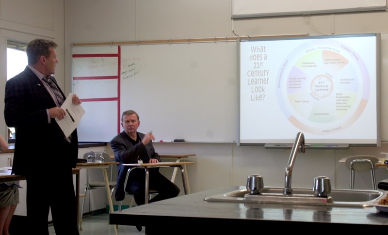 Supt. Egbert Stang and Pembina Hills board chair Doug Fleming talk about the changing face of education and &#8220;21st Century learners &#8221; during a meeting at Jarvie