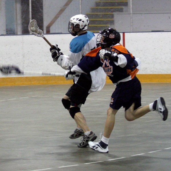 Westlock Rock Jake Chizma drives in on net during his team&#8217;s 9-2 win over the visiting Edmonton Blues June 18 at Jubilee Arena.