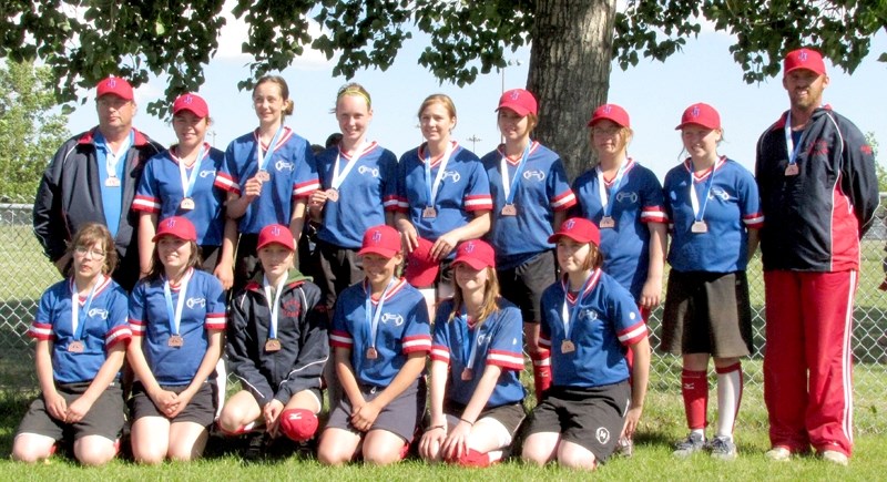 The Jarvie Jaguars pee wee girls softball team. Back row, L-R, Brad Comeau (coach), Heather Strach, Rebecca Houle, Hailey Booth, Mariah Properzi, Haley Burchett, Rachel