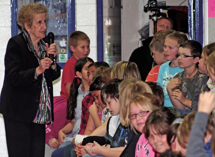 Dr. Eva Olsson speaks to students at St. Mary School last October. The presentation was part of a series put on by the Evergreen Catholic local of the Alberta Teachers&#8217; 