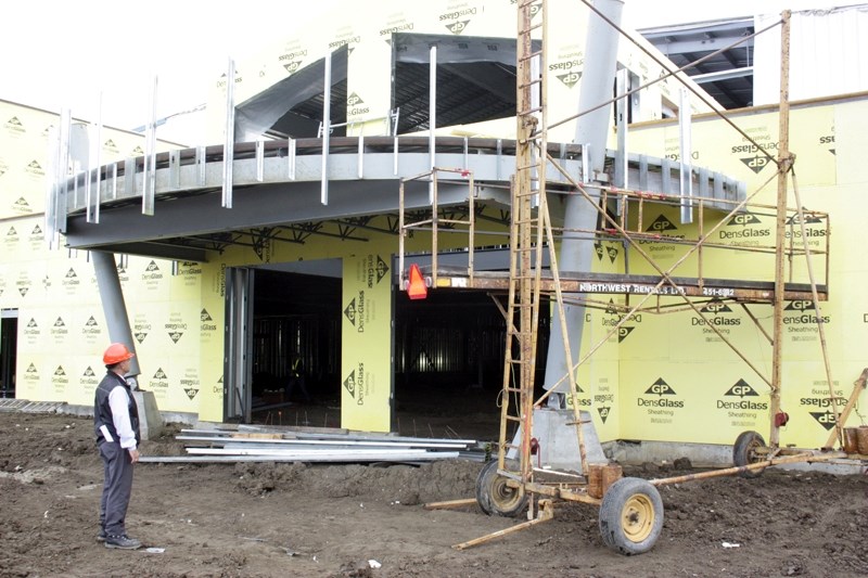 Westlock CAO Darrell Garceau inspects the front entrance of the Westlock Rotary Spirit Centre. The project is on track to be completed in spring 2012.