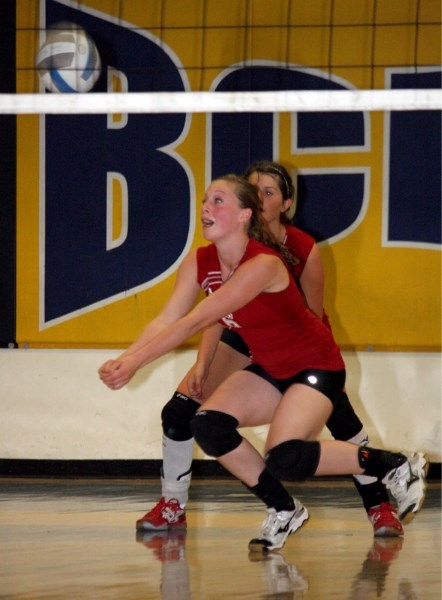 Brittany van de Ligt returns a serve during a round robin game against the St. Paul Saints at the Barrhead Invitational volleyball tournament last weekend. The T-Birds walked 