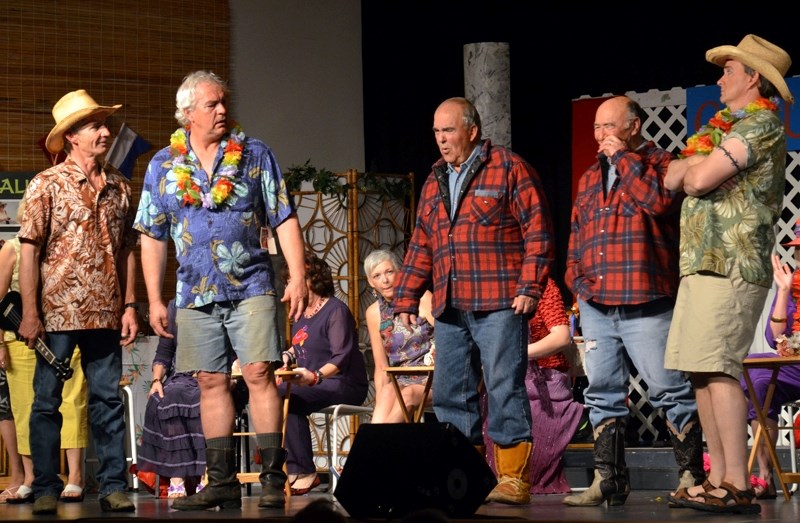 On stage during a performance of Ole Koots Campfire… The Cruise, L-R, Ron Lechelt (Bart), Rex Vollema (Old Koot), Chuck Keller and Pat Rufiange (twins Jake and Joe) and Todd