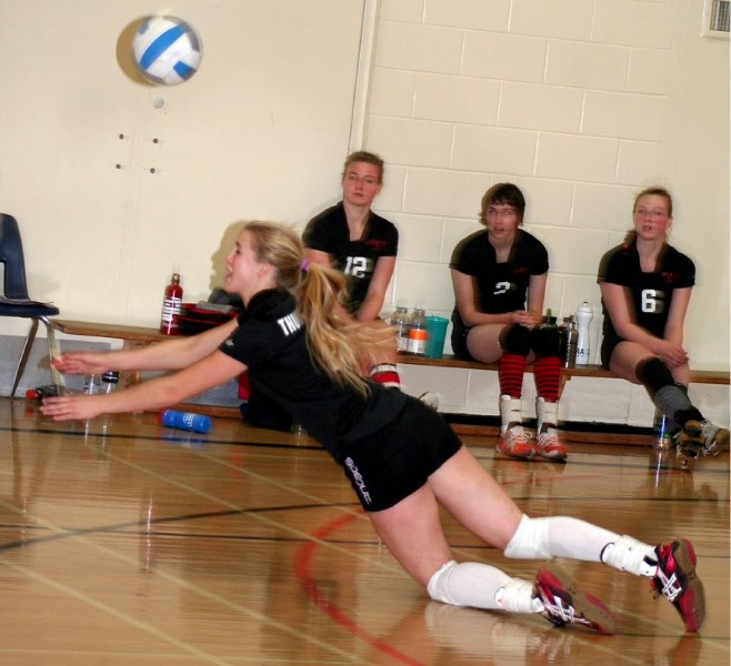 T-Bird Briana Carlyon dives for a ball during the club&#8217;s loss to Barrhead in the zone championship semi-final last Saturday night