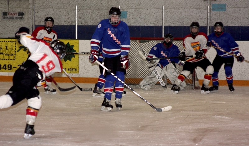 A Fort Saskatchewan Ranger blocks team captain Cody Cobler&#8217;s shot during the Sabres&#8217; 8-3 loss Friday night. The Sabres rebounded Saturday with a 6-2 win over the