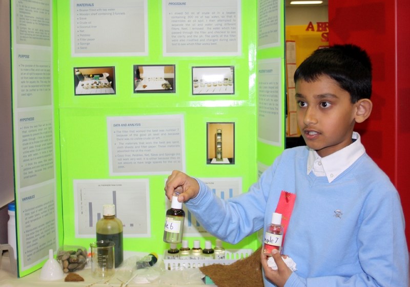 Westlock Elementary School students Siddhant Gautam showcases his project at the 43rd Westlock Science Fair held at the Westlock Community Hall on March 20. Gautam won first