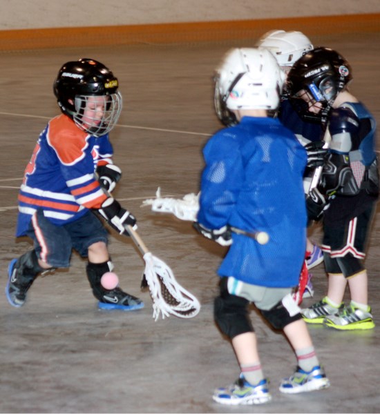 Carter Rennie (with the ball) practiced a few offensive drills with teammates last Wednesday, April 11 at Jubilee Arena. The mini-tykes may get extra playing time this season 