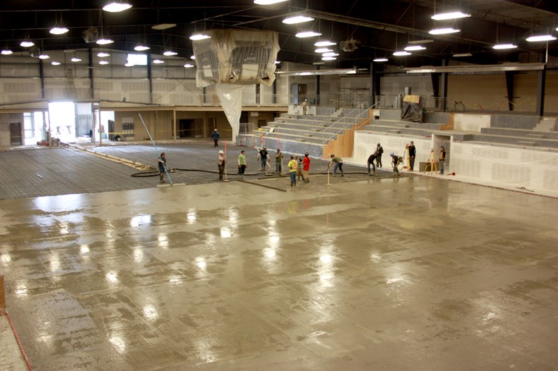 Workers were busy last Thursday pouring the floor of the Westlock Rotary Spirit Centre. About 230 cubic metres of concrete were poured in a six-inch slab, covering