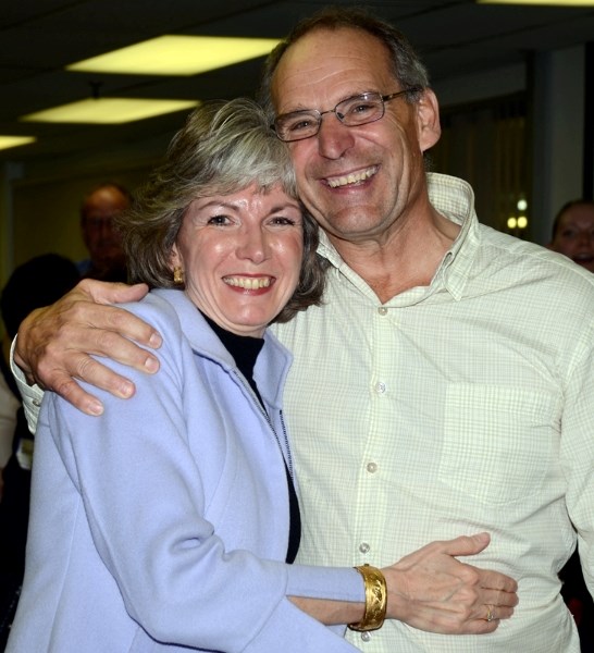 Barrhead-Morinville-Westlock&#8217;s new MLA Maureen Kubinec receives a huge congratulatory hug from her husband Tim last night in Westlock. Kubinec won the riding by 341