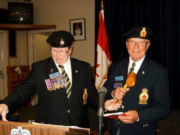 Newly elected Westlock Legion president Chuck Naylor is seen here with district commander Audrey Ferguson at the organization&#8217;s May 14 AGM.