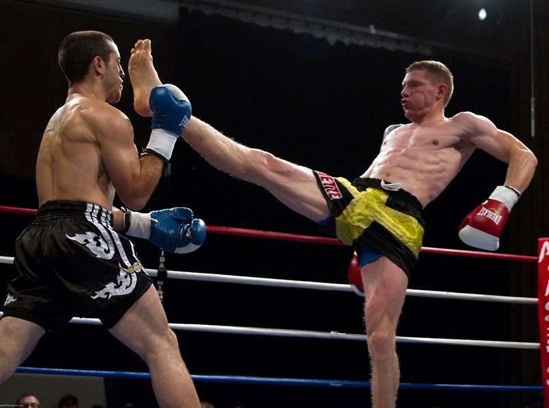 Westlock native Derek Jolivette, seen here delivering a well-placed kick, has risen to the top to become Canada&#8217;s top Muay Thai fighter. He has now set his sights on
