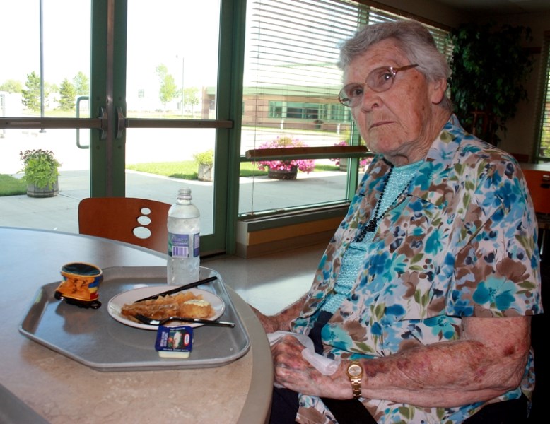 Janet MacDougall, a resident of the Westlock Continuing Care Centre, said this meal of &#8220;cod nuggets, &#8221; potato wedges and diced turnips is typical of what