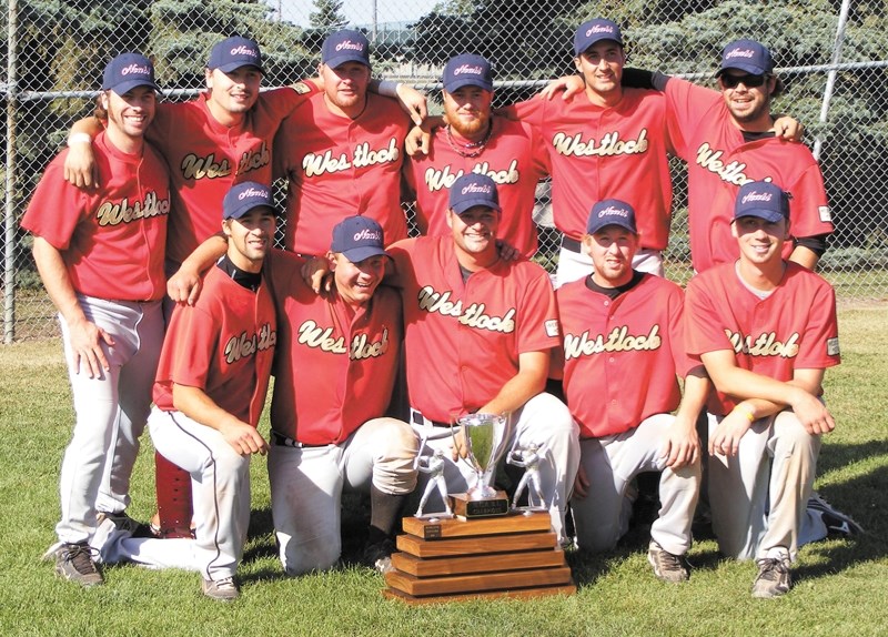 The NCABL champion Westlock Red Lions with the championship trophy. BACK L-R: Curtis Smith, TJ Oliwa, Nathan Swap, Aaron Watamaniuk, Ryan Teske and James Baird. FRONT L-R: