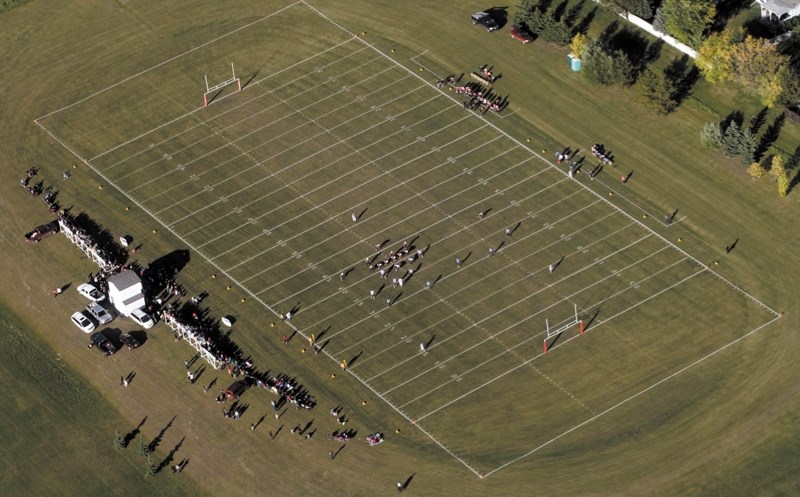 A view of the field from more than 500 feet in the air as the Westlock T-Birds stomped the Vegreville Vortex 34-3 in their Wheatland Football League home opener Sept. 14.