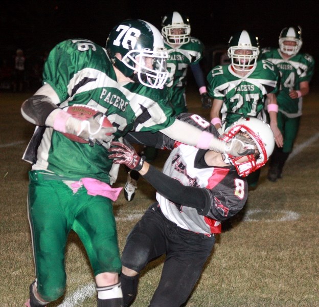 The Thunderbirds’ Joshua Dittmer was on the receiving end of an uncalled facemask grab late in the fourth quarter of Westlock’s 35-7 loss to the Athabasca Pacers last Friday