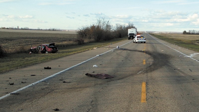 The scene following a head-on collision on Highway 44 just north of the Pibroch turnoff on Thanksgiving Monday. A Gift Lake woman was killed in the crash.