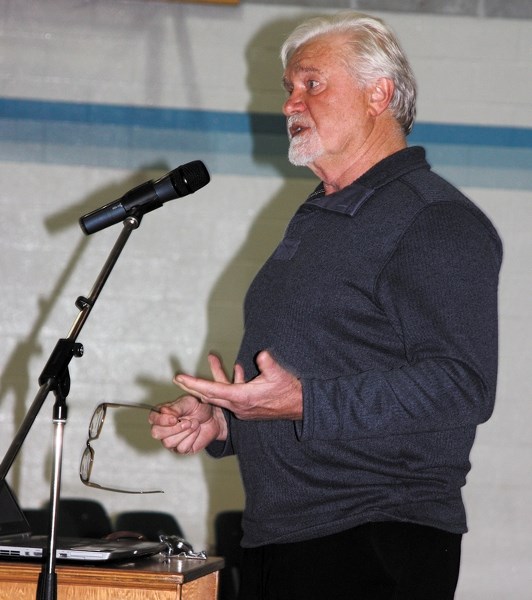 Facilitator Sig Schmold addresses the crowd of about 60 people who turned out to Dapp on Tuesday to hear and give their thoughts on the Westlock North Task Force’s proposal