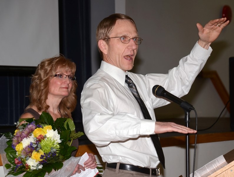 Pastor Ken Stang and his wife Gail address the audience at their celebratory banquet on Feb. 9.