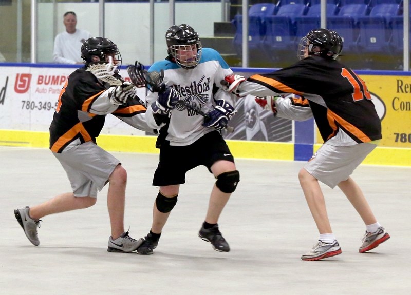 Westlock midget Rock Gabe Sheehan plows through the Wizards’ defence during third-period action on May 16 at the Westlock Rotary Spirit Centre. Sheehan did not score on the