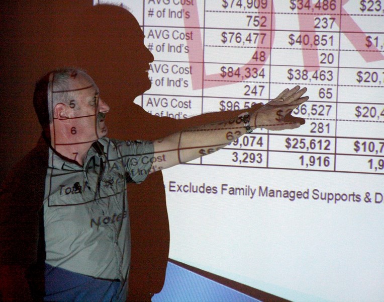 WIN executive director Greg Morris discusses PDD programming cuts at a June 11 information night.