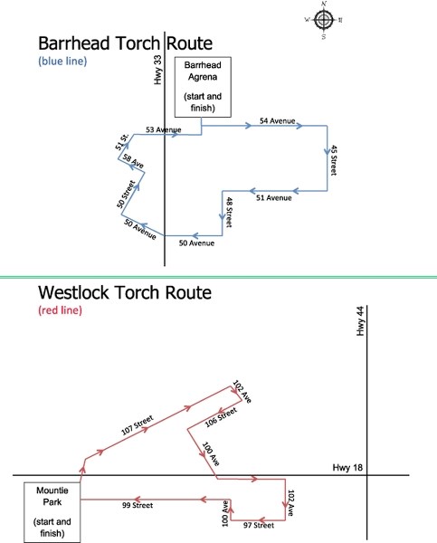 The Barrhead and Westlock torch relay routes the runners will follow on July 25.
