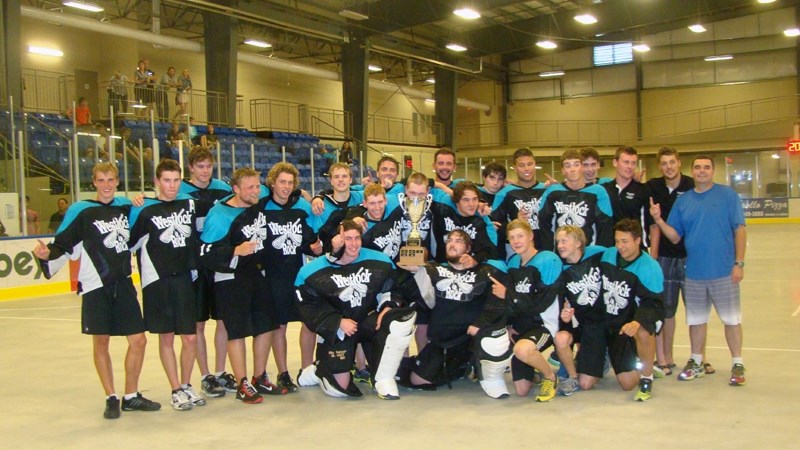 The Westlock junior Rock with the trophy they earned for winning the north conference of the Rocky Mountain Lacrosse League on July 21. After beating the Vermilion Roar 12-11 