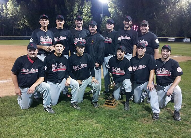 The Westlock Grey Lions celebrate following their Alberta West Central Baseball Association championship series win over the Fort Saskatchewan Athletics on Aug. 29. Back row