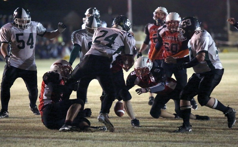 Westlock’s Nick Schwarz (9) dives on an Athabasca Pacers fumble on the goal line during third quarter action on Sept. 20. The Thunderbirds recovered the ball, but were unable 