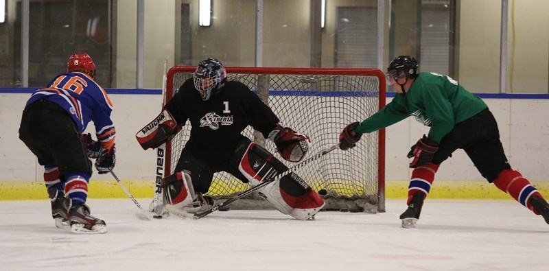 Goalie Mike Towle guards his net against Martin Clausen (right) and Scott Ivey during a tryout practice on Sept. 25 for the new