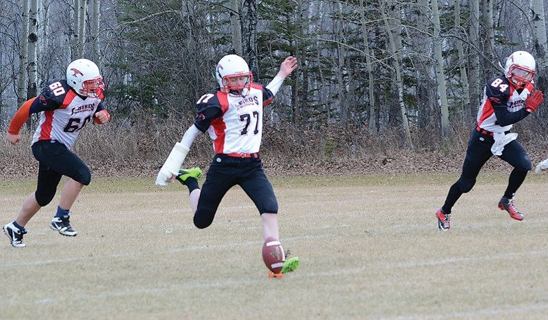 Westlock T-Bird Derrek Weismantel kicks off during Saturday’s Tier 2 Wheatland Football League title game in Athabasca which saw the Thunderbirds lose 34-30 to the Athabasca