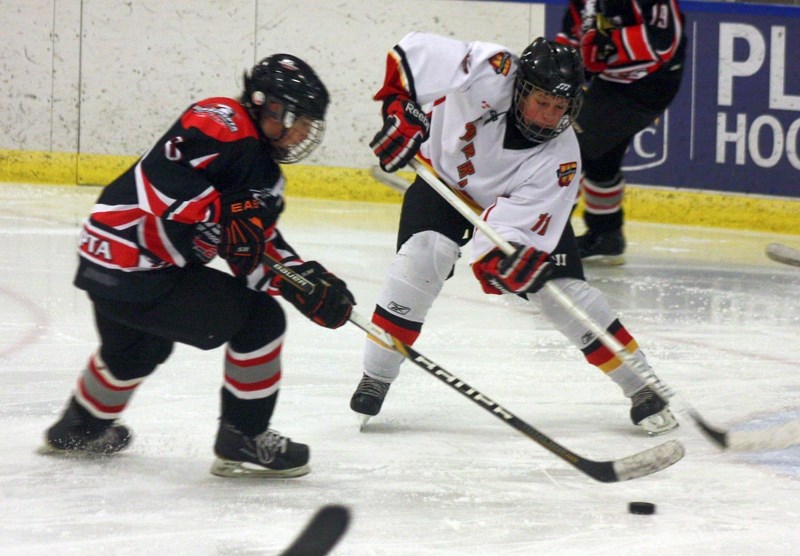 Westlock Warrior Curtis Vesely positions himself in front of the net during the bantam squad’s 8-5 win over the New Sarepta Eagles on Dec. 22.