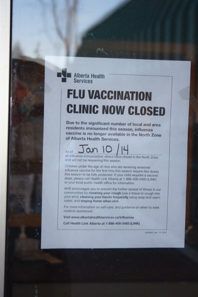 This notice posted outside the Westlock Public Health building Friday after the clinic &#8211; and most of the province &#8211; ran out of influenza vaccine.