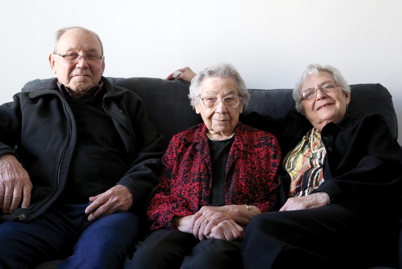Annie Hackman (centre) celebrated her 100th birthday with her children Mike and Mary on Feb. 26 at the Pembina Lodge, one day before her actual Feb. 27 birthday. Hackman was
