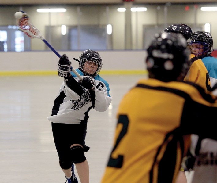 Bantam Rock captain Stephen Tkachyk fires a shot on net against the Sherwood Park Titans on May 3 at home. The Rock dropped the game, but tied Grande Prairie 5-5 on Sunday.
