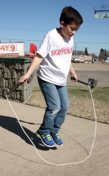Aiden Properzi, 8, showed off some of his moves outside the Westlock News office last Friday. He’ll be in Abbotsford, B.C. this weekend for the Canadian National Rope