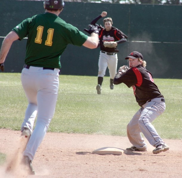 Westlock Red Lion Jordan Brand made a big double play during the Lions’ home opener against the Edmonton Blackhawks last Sunday at Keller Field. Their 2-1 win evens their