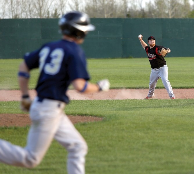 After fielding the grounder cleanly, Red Lions shortstop Aaron Watamaniuk fires a strike to first for an out in the top of third inning of the team’s May 21 7-1 win over the