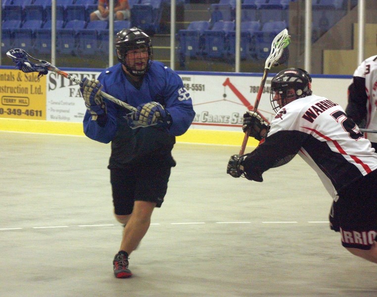 Westlock Rock’s Brennan Connery lines up a shot during a 16-2 blowout against the South Edmonton Warriors. The Warriors put up a good fight, but the Rock won the series 2-0