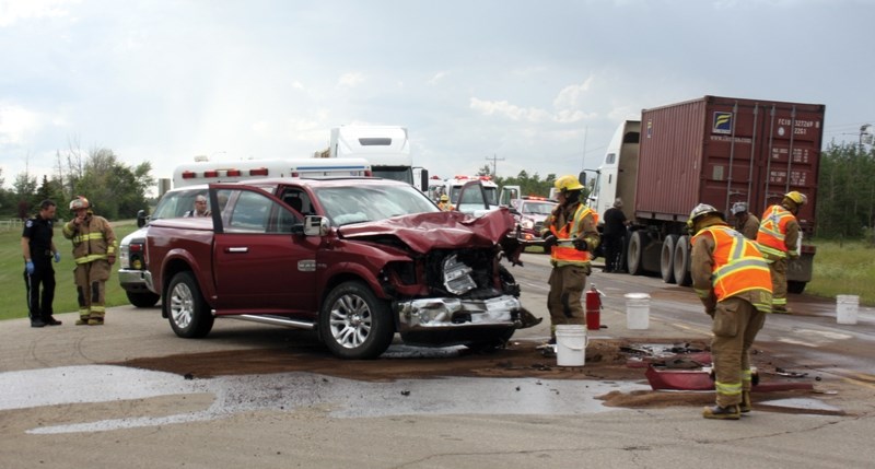 Two people were taken to hospital after a semi truck struck their pickup truck just east of the Clyde Corner last Thursday evening. No charges have been laid, but the